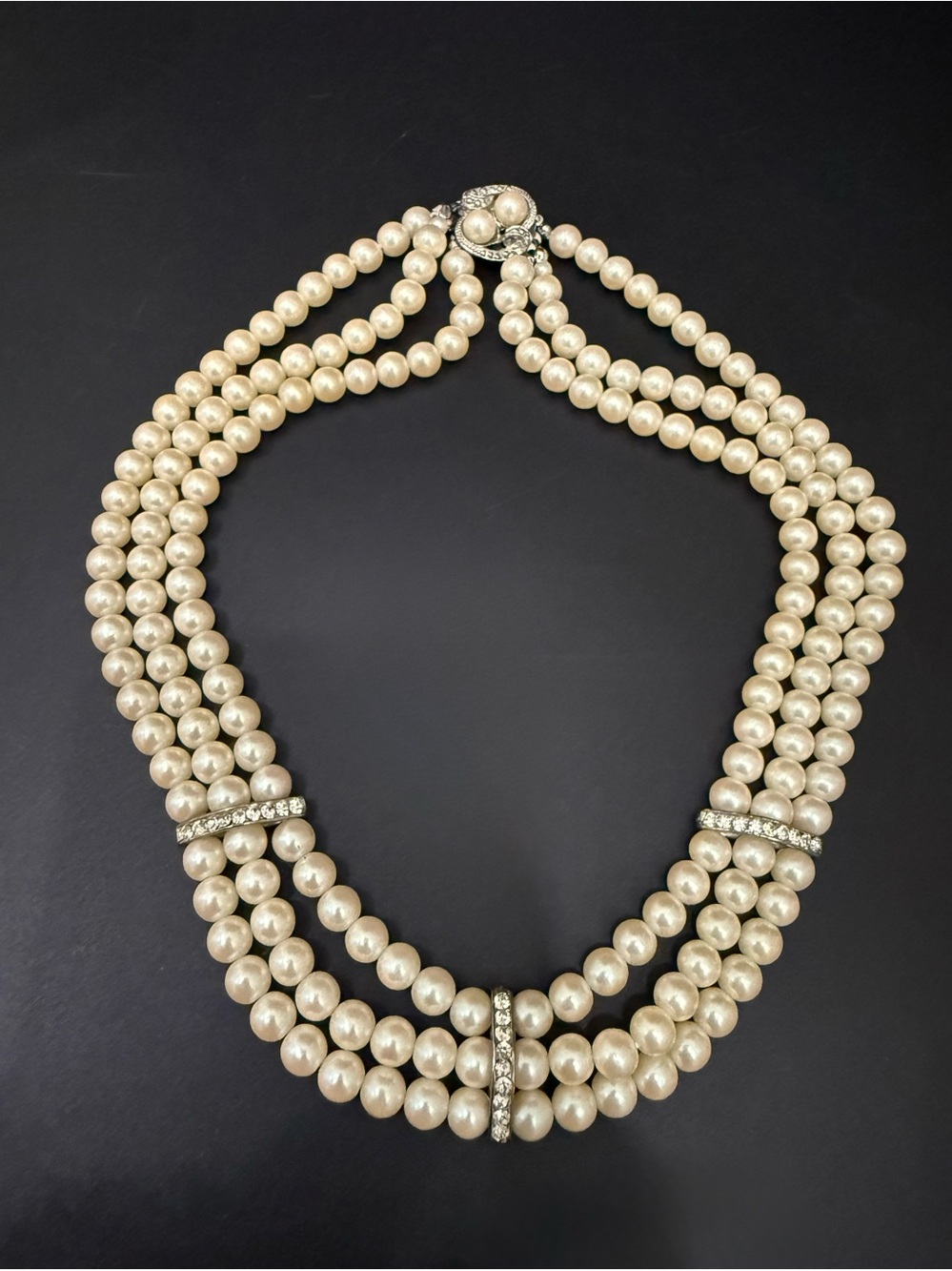 Vintage Multi strand Faux Pearl Ornate Box Clasp Necklace
